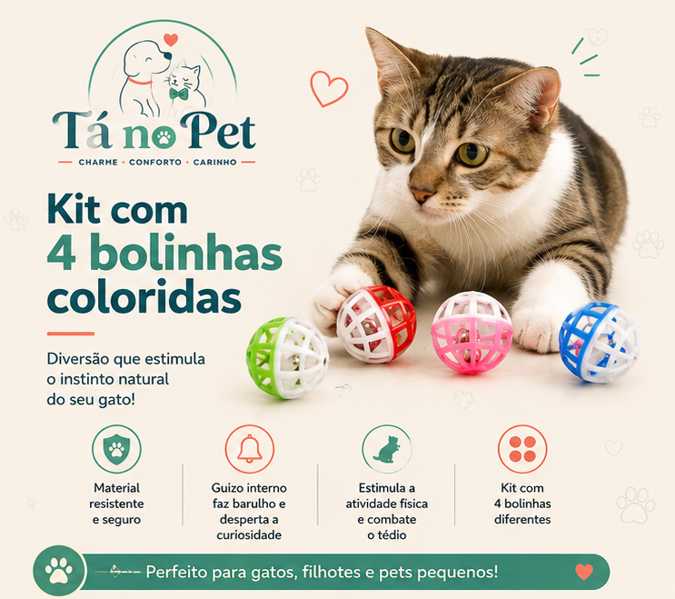 Kit 4 Bolinhas Interativas com Guizo para Gatos